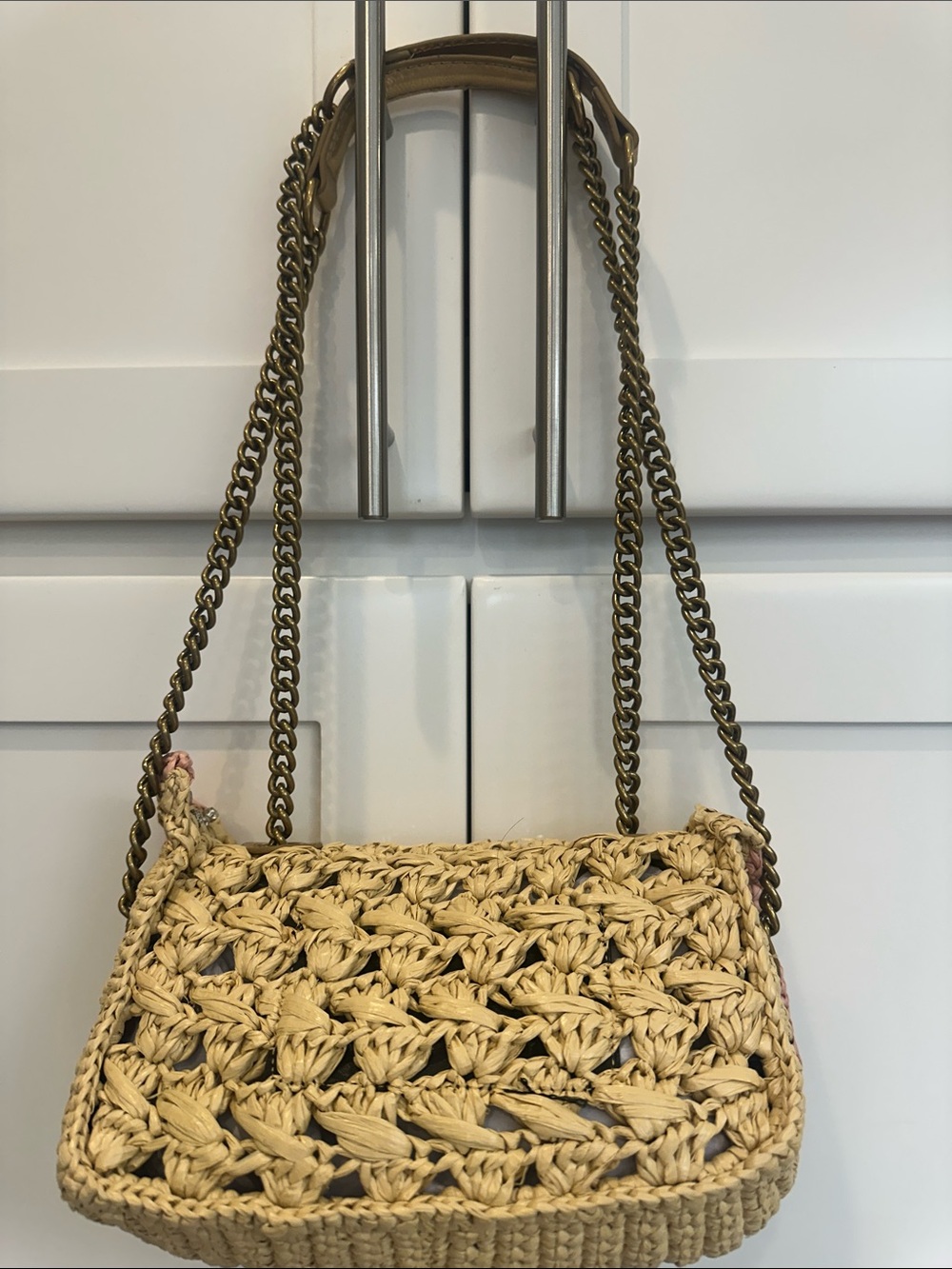 Kurt Geiger Straw Shoulder Bag with Pink Trim and Crystal Details - Picture 4 of 5